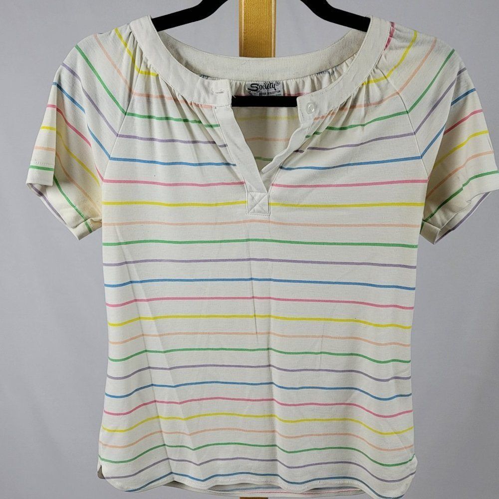 Vintage Society rainbow stripe gathered neck button collar tee